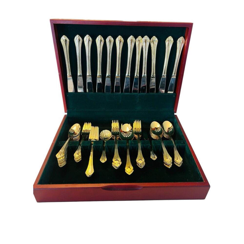 Cambridge Gold Plated Flatware Set 65 Pc Service for 12 Wood Chest Complete